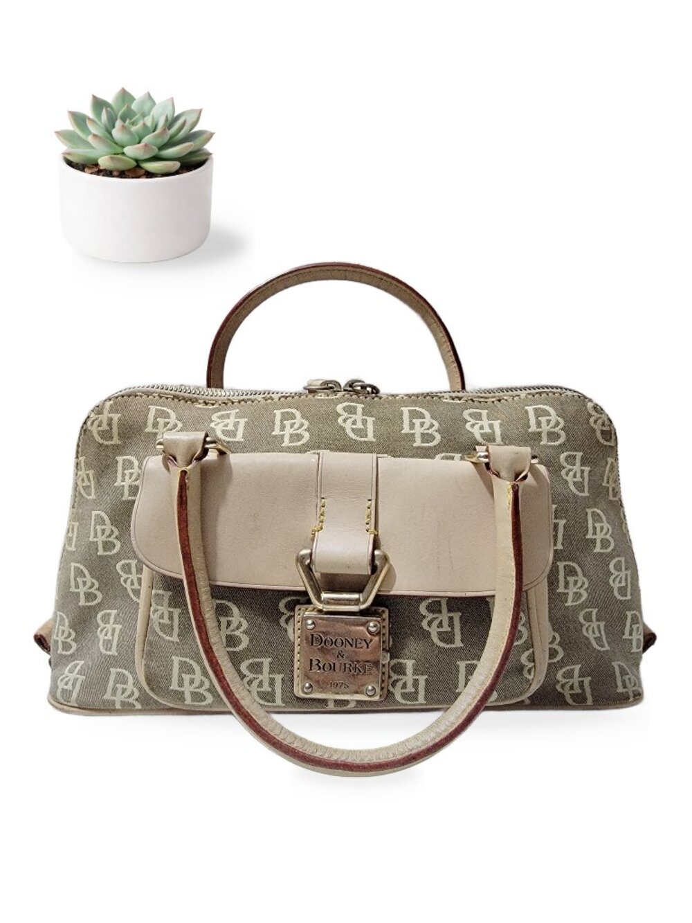 Dooney & Bourke Signature Jacquard Satchel Khaki DB Monogram Bag Vintage Y2K